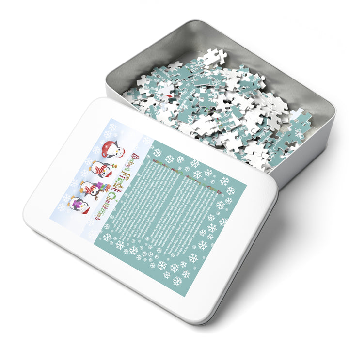 Baby's First Christmas Acrostic Poem Jigsaw Puzzle - Gingerbread - Penguins - Tin Box