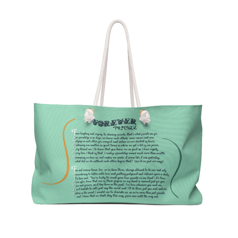 Light green tote bag with acrostic poem spelling out Forever Friends and decorative elements on a white background