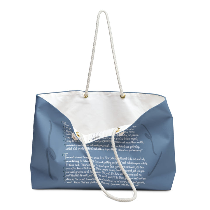 Blue Weekender Tote Bag with Acrostic Poem Spelling Out "Forever Friends"