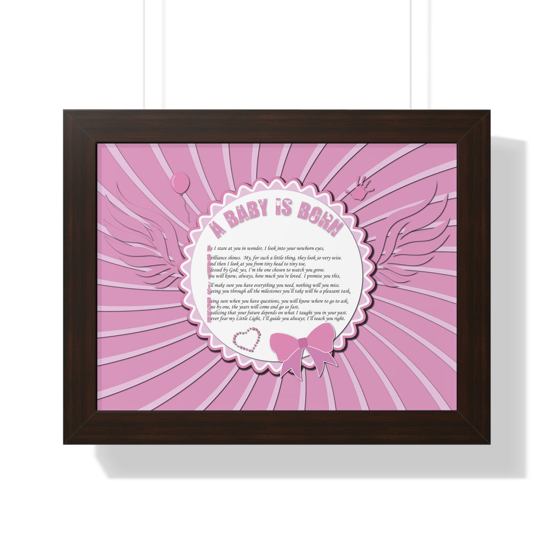 Baby Steps Acrostic Poem Framed Print "A Baby is Born" - Pink