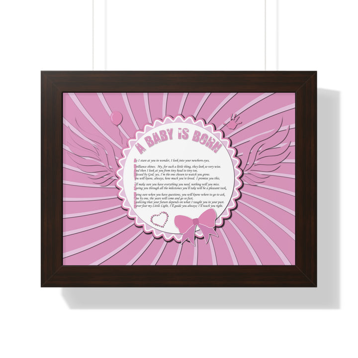 Baby Steps Acrostic Poem Framed Print "A Baby is Born" - Pink