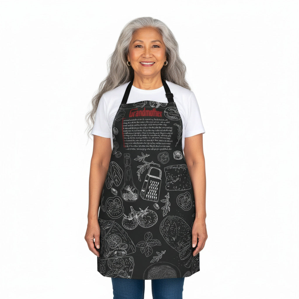 Woman wearing a black apron with white graphics and text on a white background