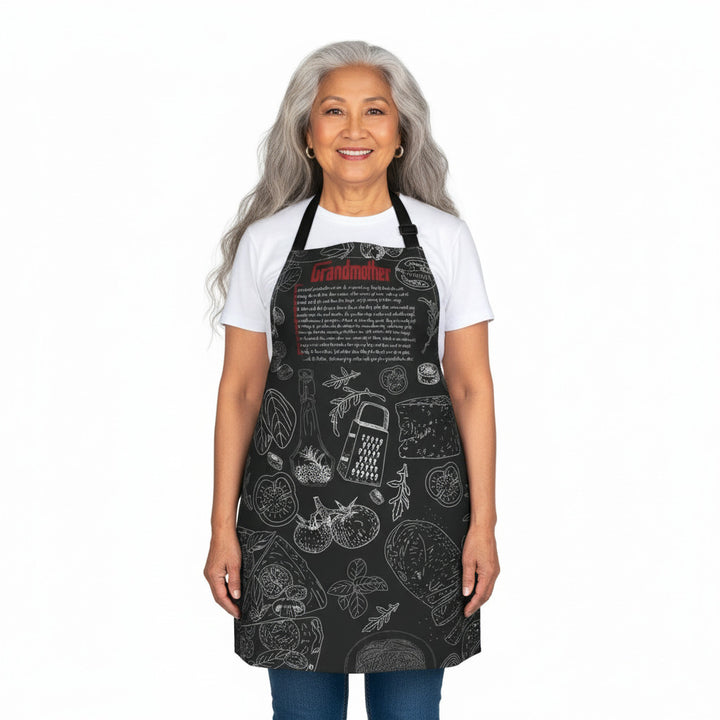 Woman wearing a black apron with white graphics and text on a white background
