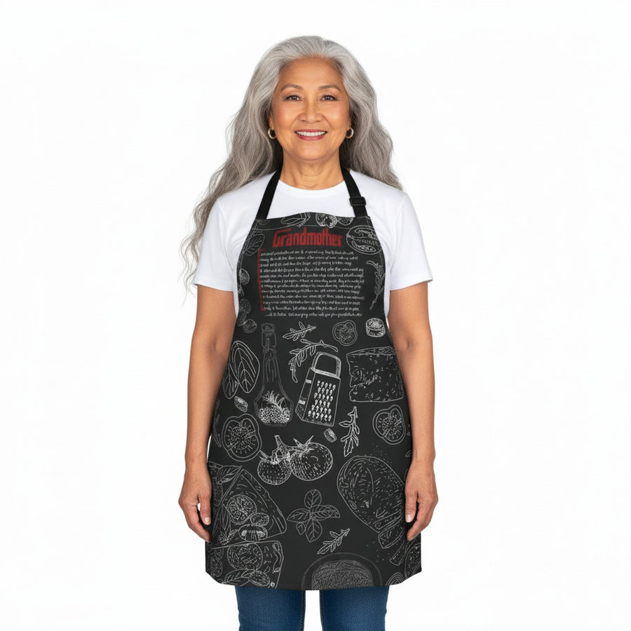Woman wearing a black apron with white graphics and text on a white background