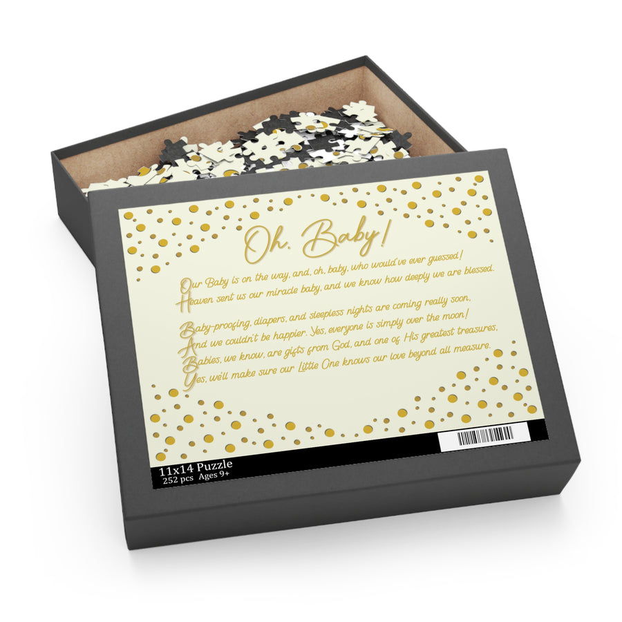 Puzzle box with 'Oh Baby!' text and gold polka dots on a white background