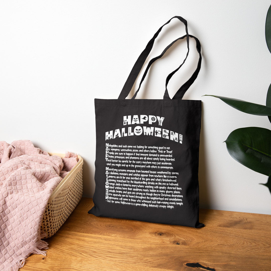 Happy Halloween Acrostic Poem Canvas Candy Tote Bag - Creepy Pink Pumpkin - No Personalization