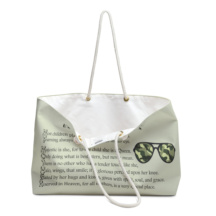 Camo Text Weekender Tote Bag with Acrostic Poem Spelling Out "My Mother"