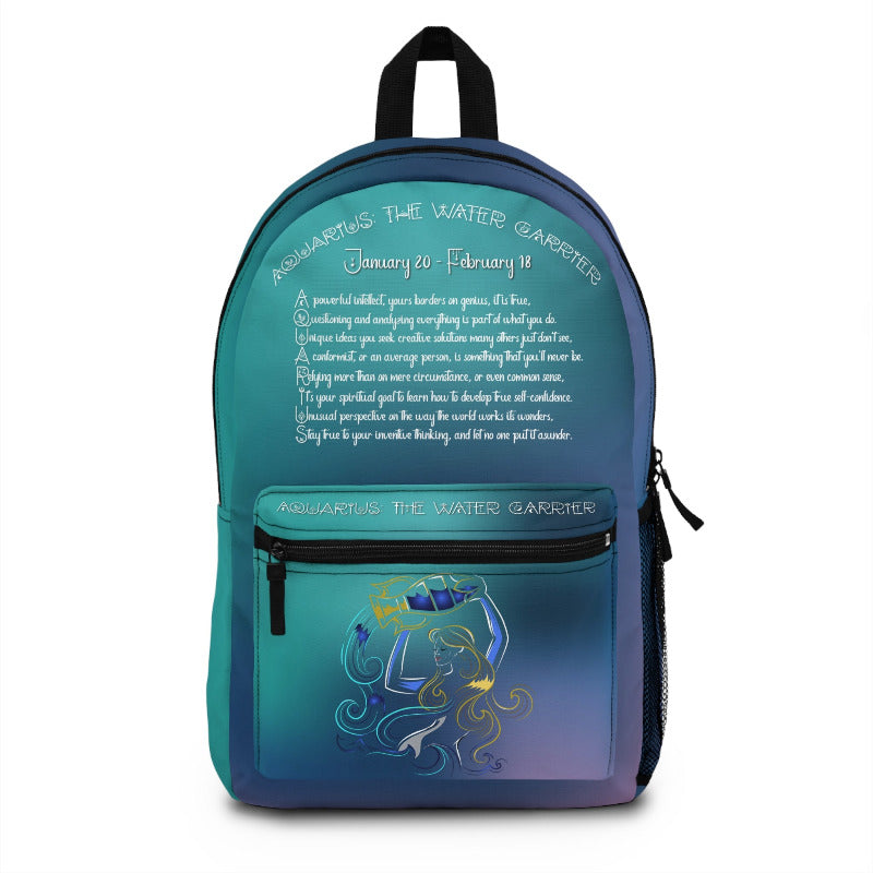 Backpack with acrostic poem spelling out Aquarius with the Water Carrier design on a white background