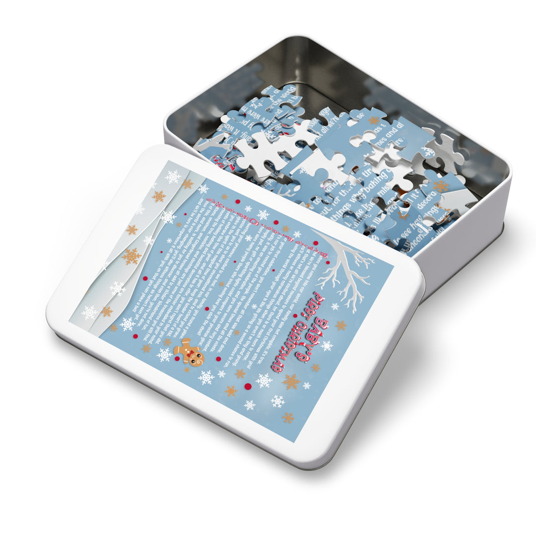 Baby's First Christmas Acrostic Poem Jigsaw Puzzle - Gingerbread - Blue - Tin Box
