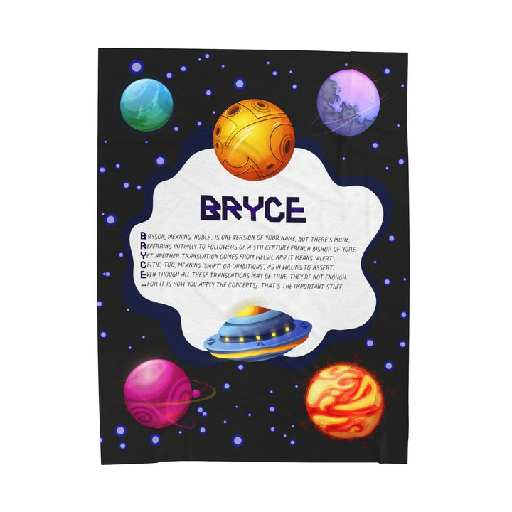 Namesakes Acrostic Poem on Black Velveteen Plush Blanket with Space Design