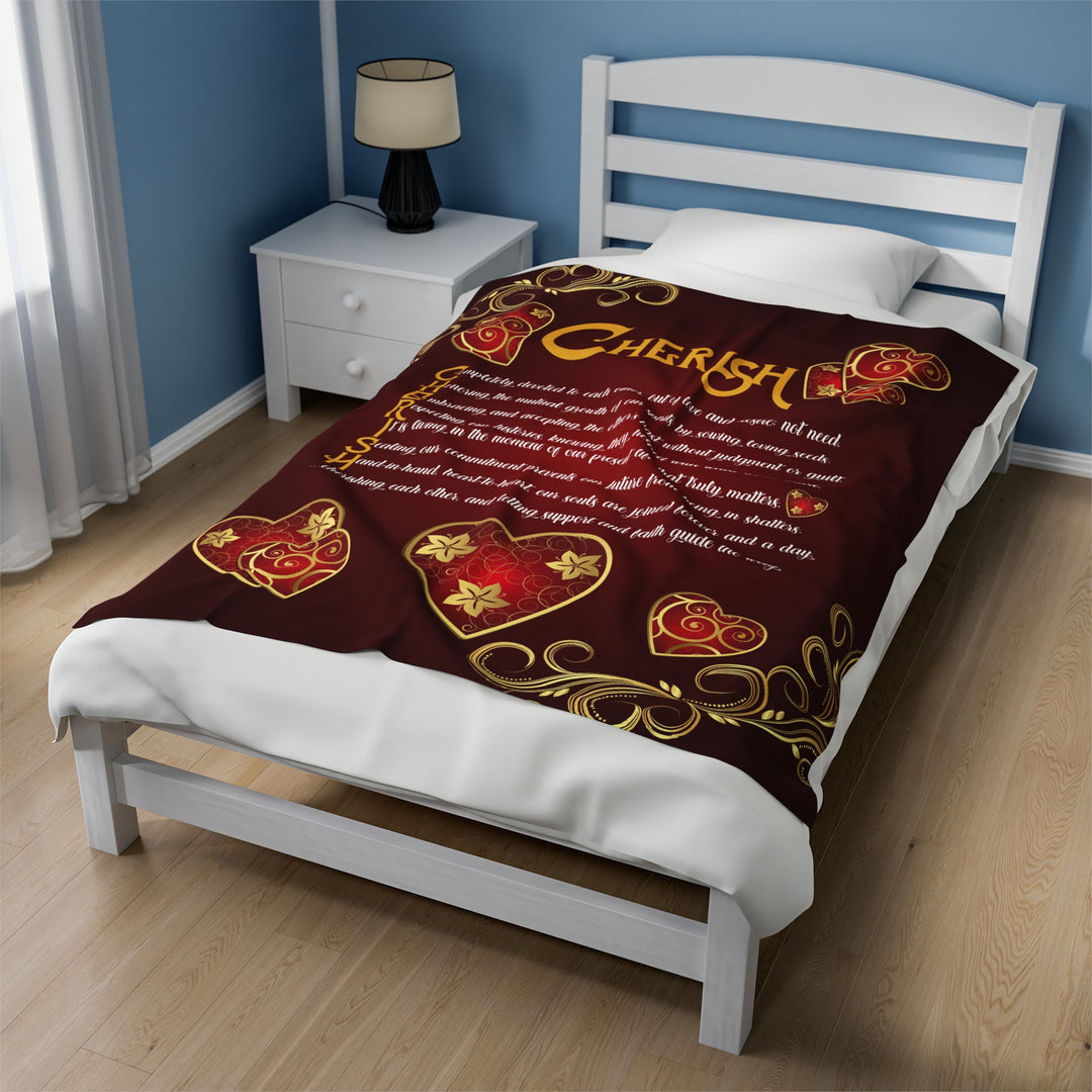It's Just a Phrase Velveteen Plush Blanket with Acrostic Poem "Cherish" - Hearts and Gold Decor