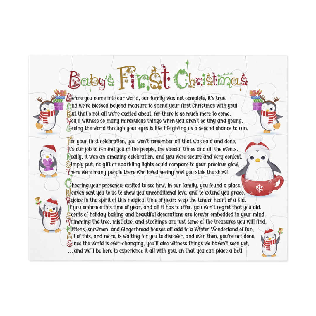 Baby's First Christmas Acrostic Poem Jigsaw Puzzle - Penguins-Christmas Items Font - Tin Box