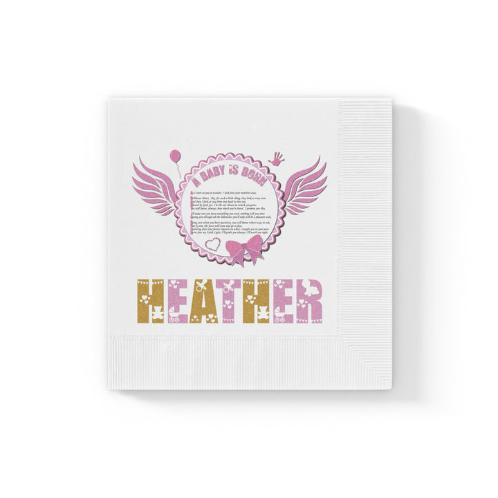 A Baby is Born Baby Shower Coined Napkins - Pink Wings - Personalized