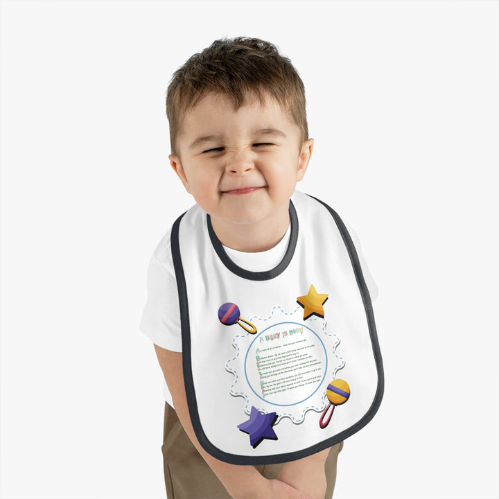 Baby Steps Acrostic Poem - Contrast Trim Jersey Bib - "A Baby is Born" - Rattles and Stars