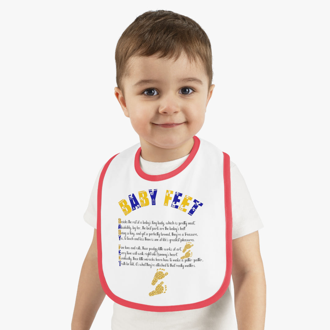 Baby Steps Acrostic Poem - Contrast Trim Jersey Bib - "Baby Feet" Gold Footprints