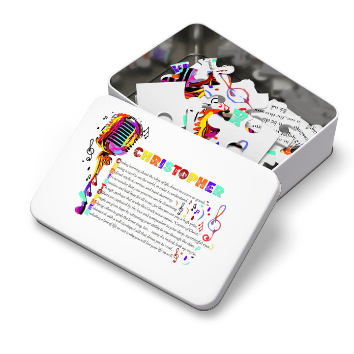 Namesakes Acrostic Name Poem Jigsaw Puzzle - Musical Notes and Mic - Tin Box