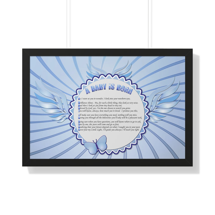 Baby Steps Acrostic Poem Framed Print "A Baby is Born "- Blue