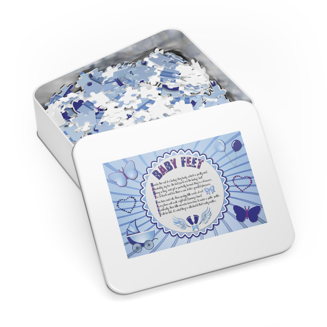 Baby Feet Acrostic Poem Puzzle - Blue Swirl - Tin Box