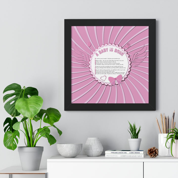 Baby Steps Acrostic Poem Framed Print "A Baby is Born" - Pink