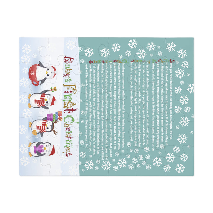 Baby's First Christmas Acrostic Poem Jigsaw Puzzle - Gingerbread - Penguins - Tin Box