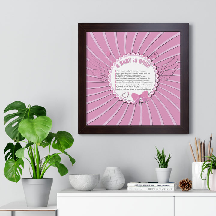 Baby Steps Acrostic Poem Framed Print "A Baby is Born" - Pink