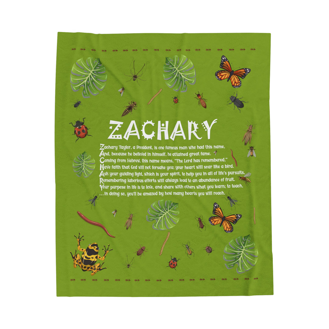 Namesakes Acrostic Poem on Black Velveteen Plush Blanket with Bug Design