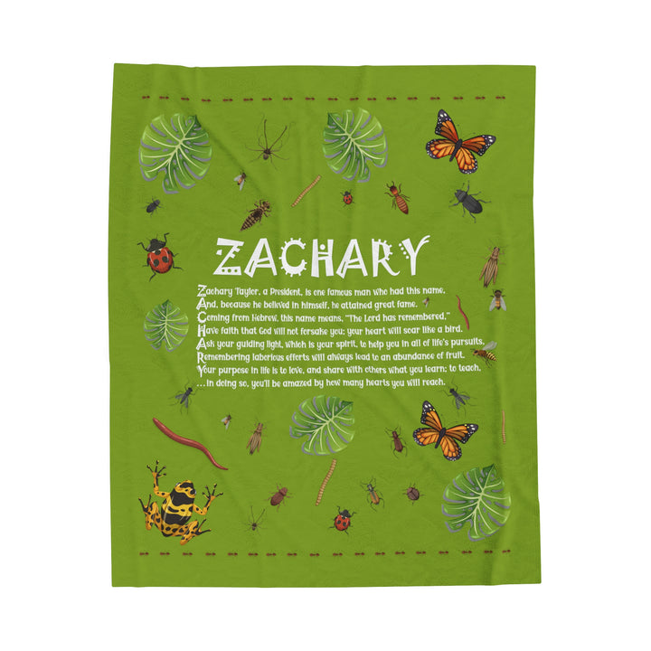 Namesakes Acrostic Poem on Black Velveteen Plush Blanket with Bug Design
