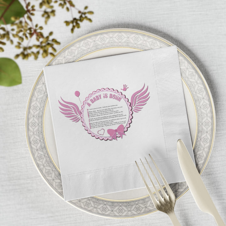 A Baby is Born Baby Shower Coined Napkins - Pink Wings - No Personalization