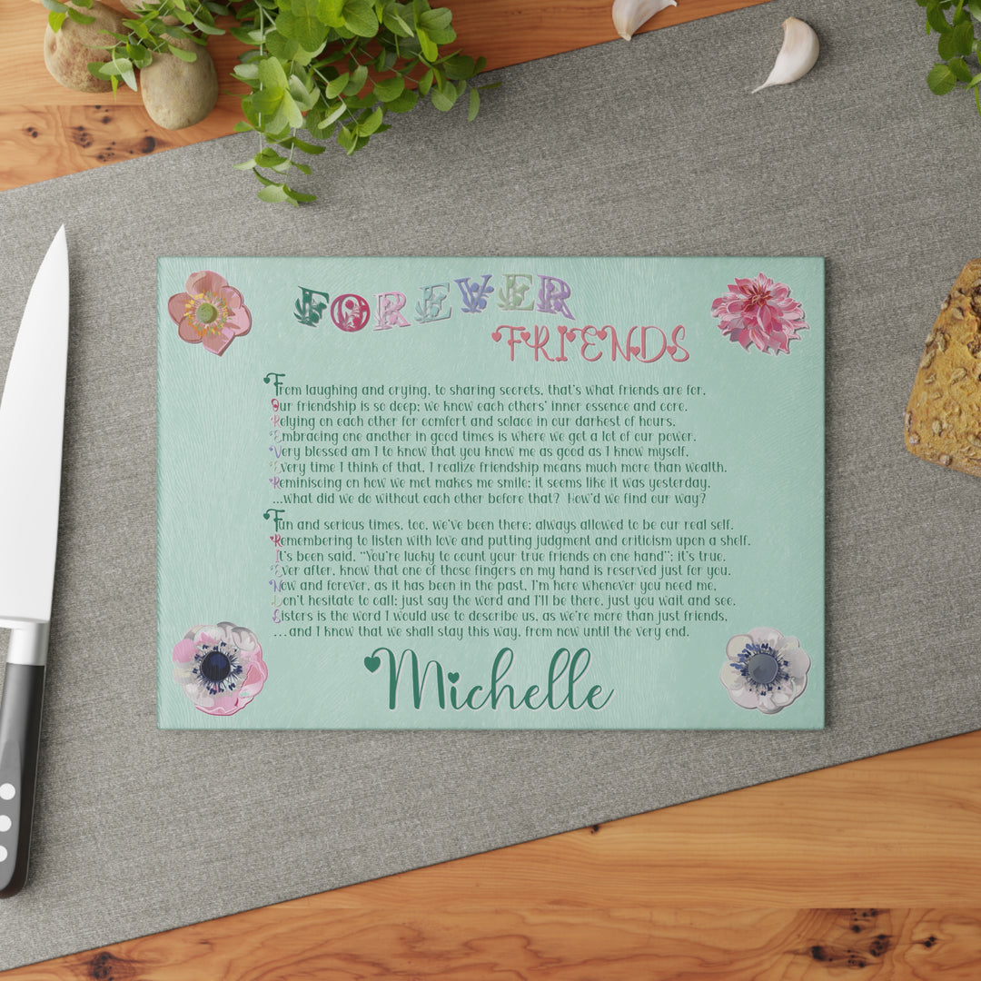 Forever Friends Acrostic Poem Glass Cutting Board - Flowers - Personalized