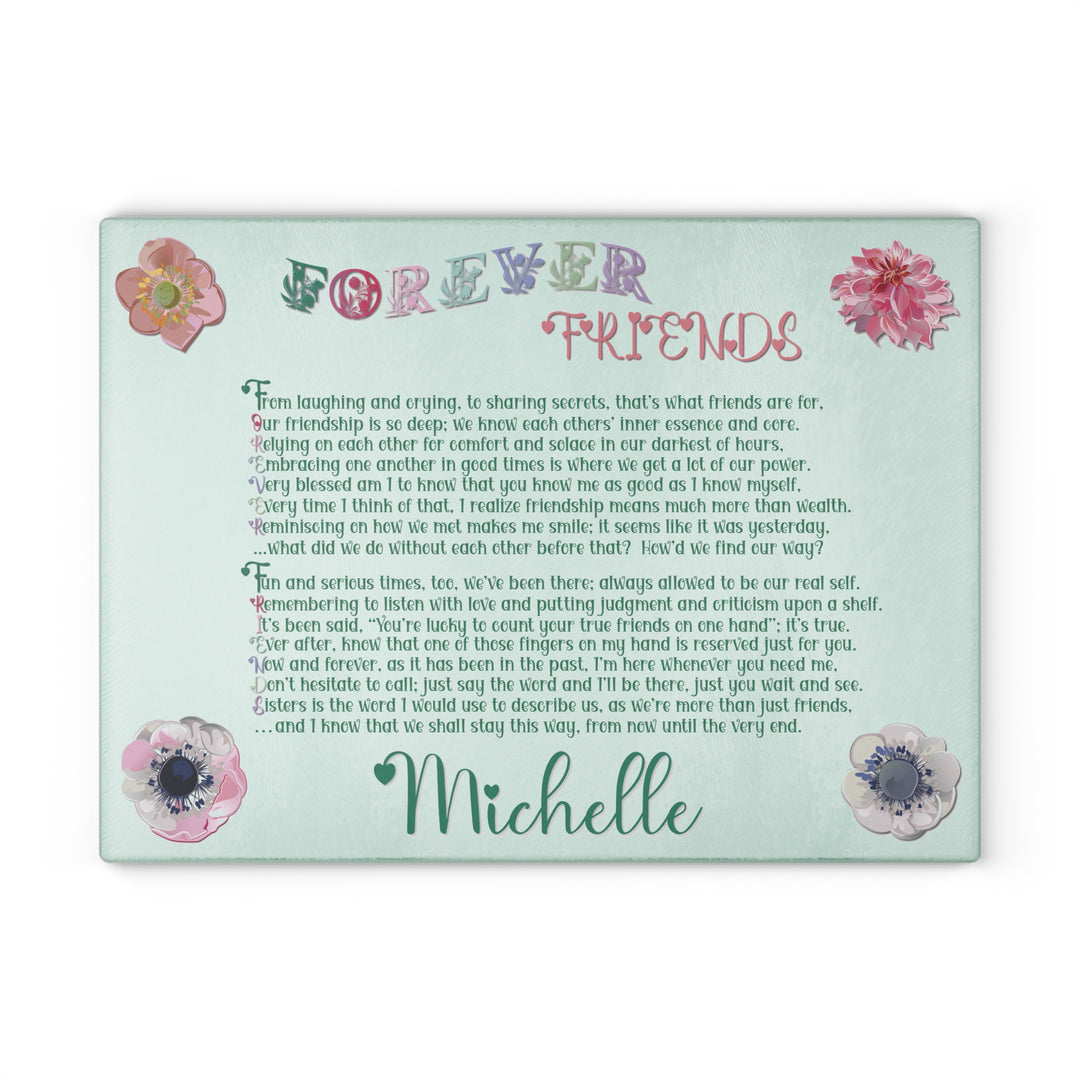 Forever Friends Acrostic Poem Glass Cutting Board - Flowers - Personalized