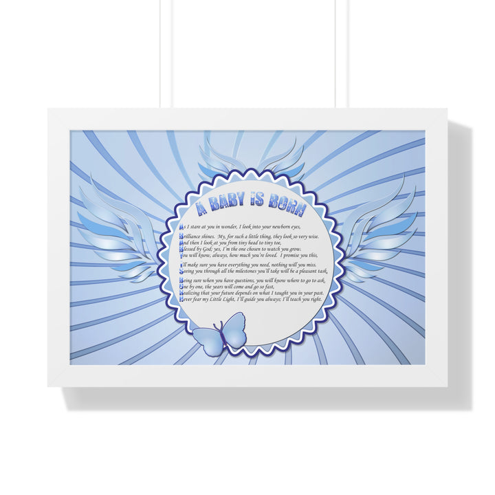 Baby Steps Acrostic Poem Framed Print "A Baby is Born "- Blue