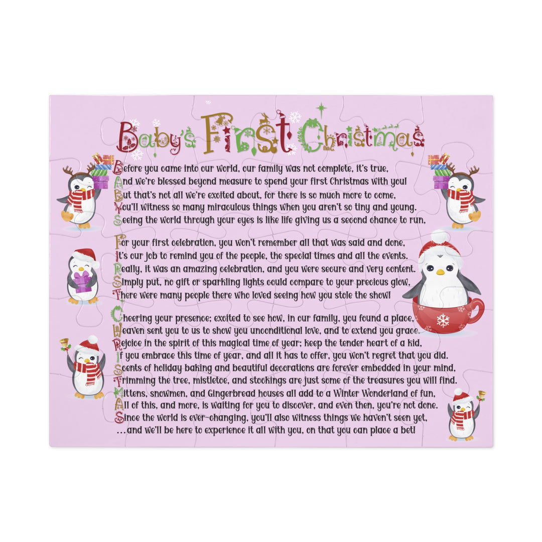 Baby's First Christmas Acrostic Poem Jigsaw Puzzle - Penguins - Lavender - Tin Box