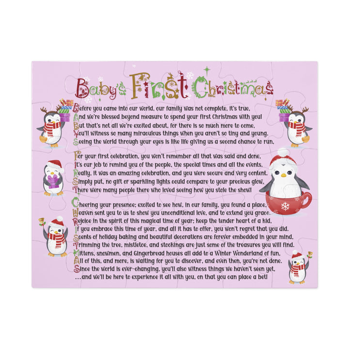 Baby's First Christmas Acrostic Poem Jigsaw Puzzle - Penguins - Lavender - Tin Box