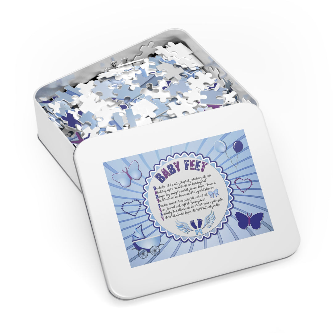 Baby Feet Acrostic Poem Puzzle - Blue Swirl - Tin Box