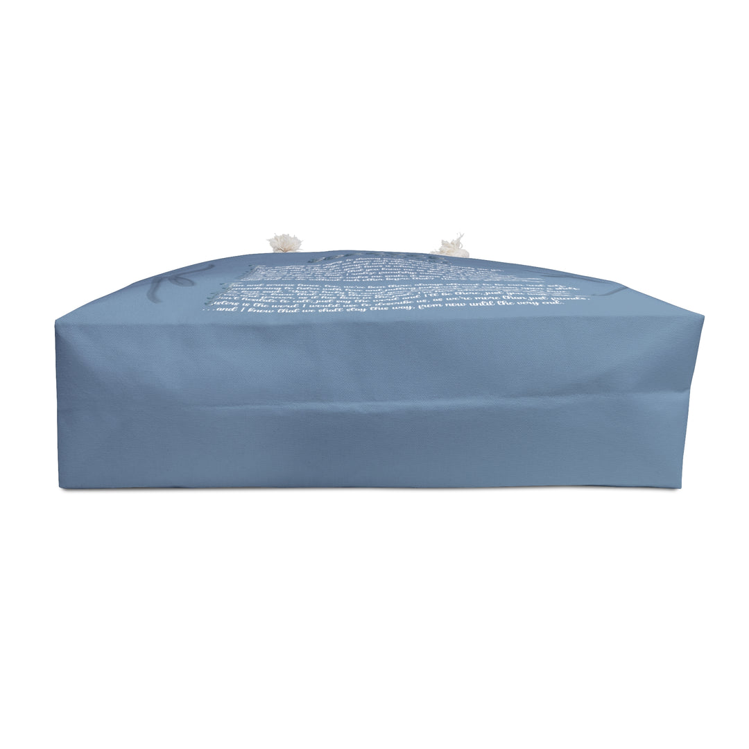 Blue Weekender Tote Bag with Acrostic Poem Spelling Out "Forever Friends"