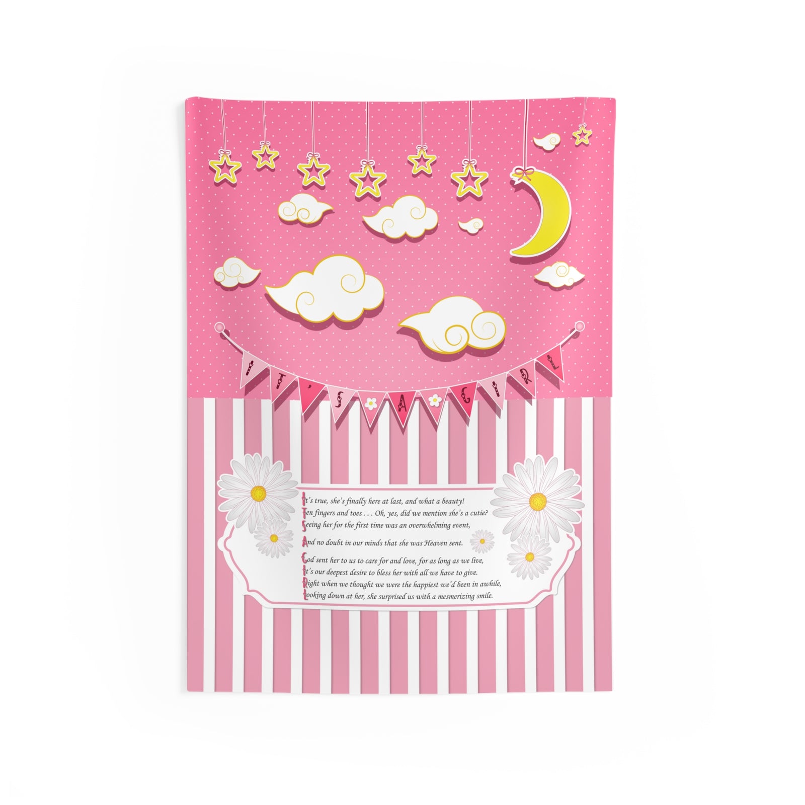 Decorative wall hanging with stars, clouds, and a moon on a pink background with acrostic poem spelling out It's a Girl
