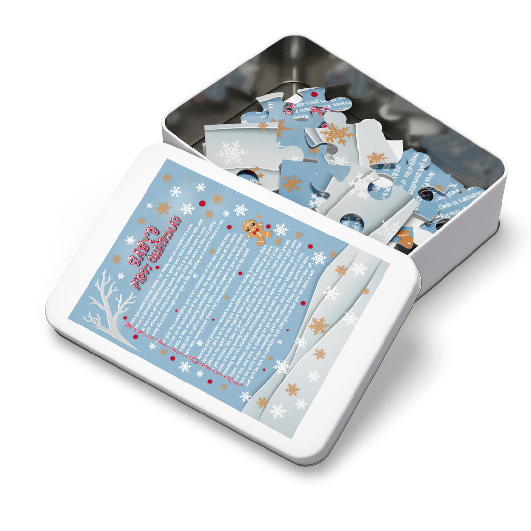 Baby's First Christmas Acrostic Poem Puzzle - Gingerbread - Blue - Tin Box