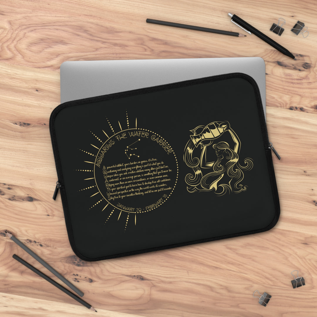 Aquarius Acrostic Poem Neoprene Laptop Sleeve - Solid Black Back