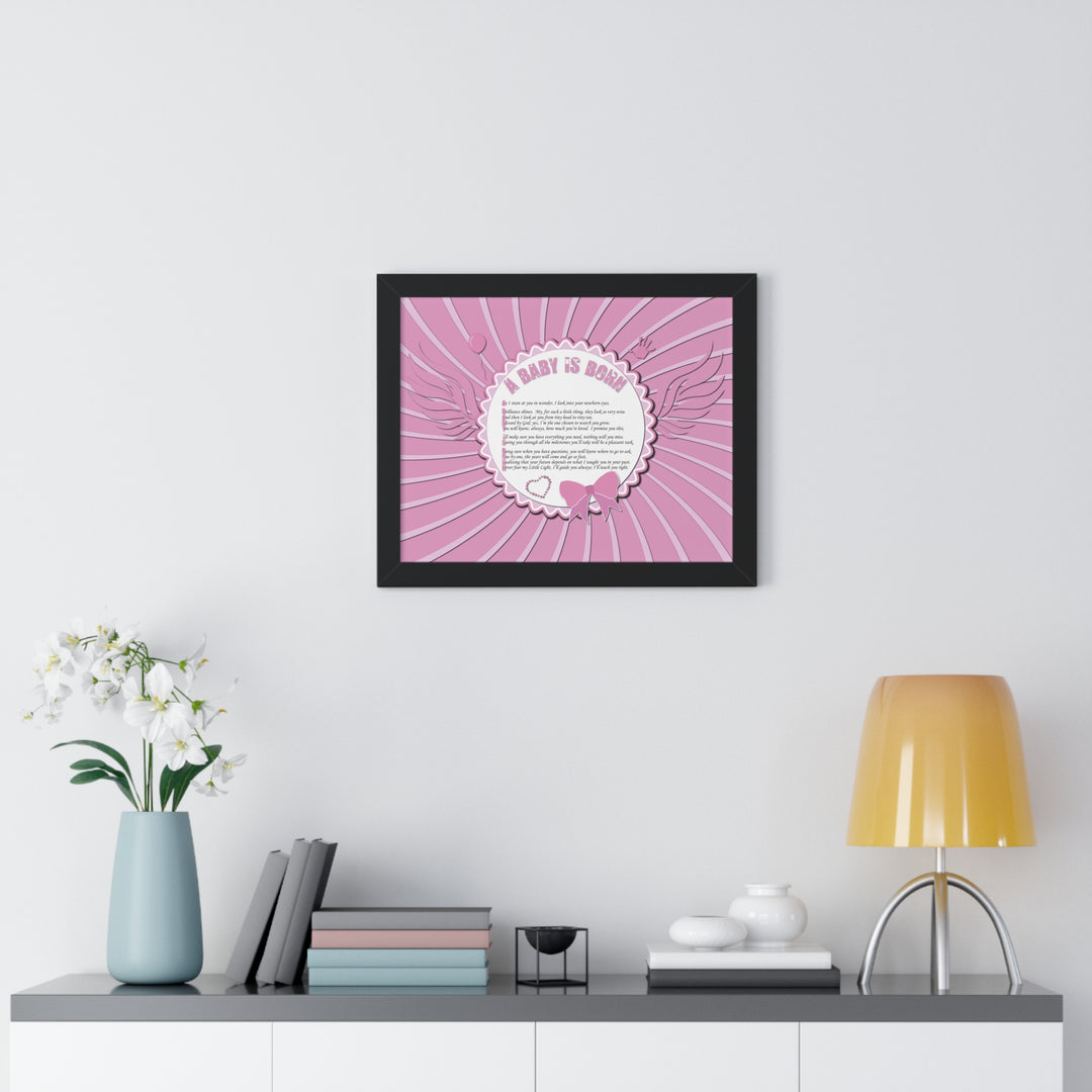 Baby Steps Acrostic Poem Framed Print "A Baby is Born" - Pink