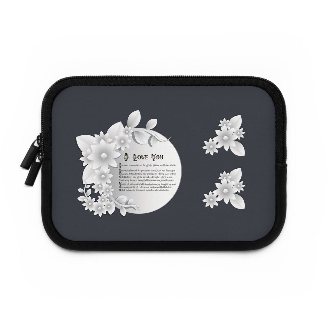 I Love You Neoprene Laptop Sleeve - Solid Black Back - White Flowers