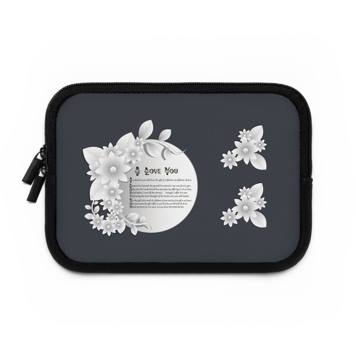 I Love You Neoprene Laptop Sleeve - Solid Black Back - White Flowers