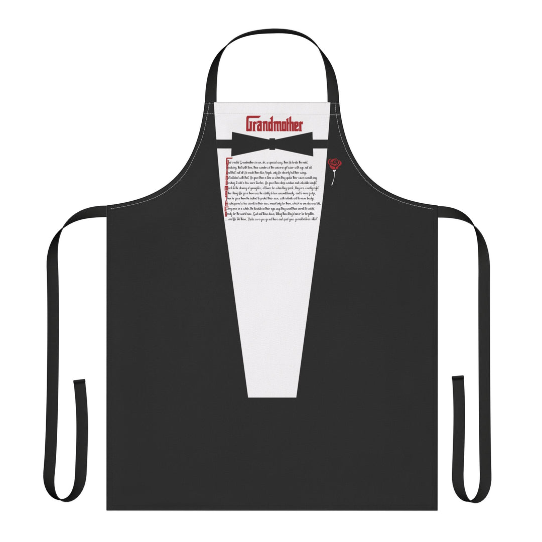 Black apron with a white shirt design featuring text and graphics on a white background