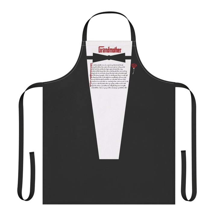 Black apron with a white shirt design featuring text and graphics on a white background