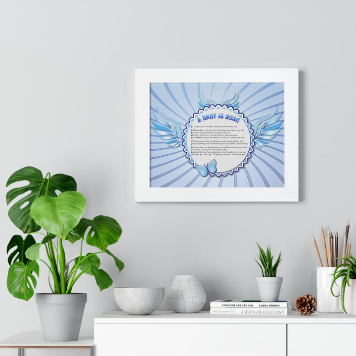 Baby Steps Acrostic Poem Framed Print "A Baby is Born "- Blue