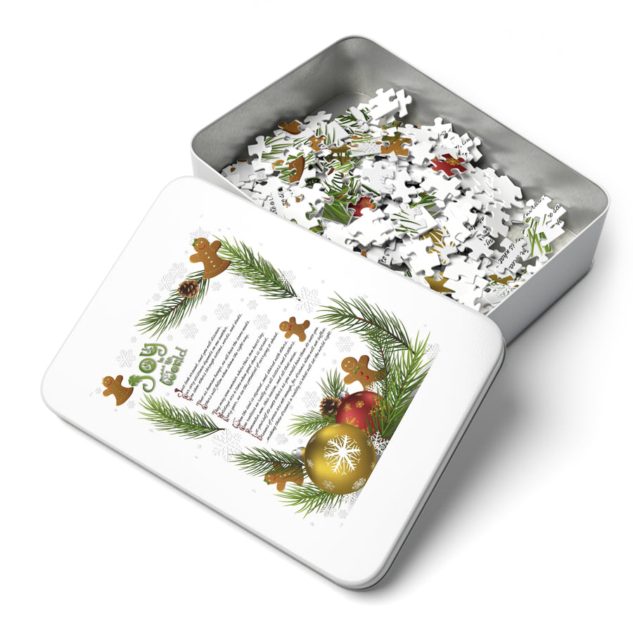 Christmas-themed puzzle in a tin box with festive decorations