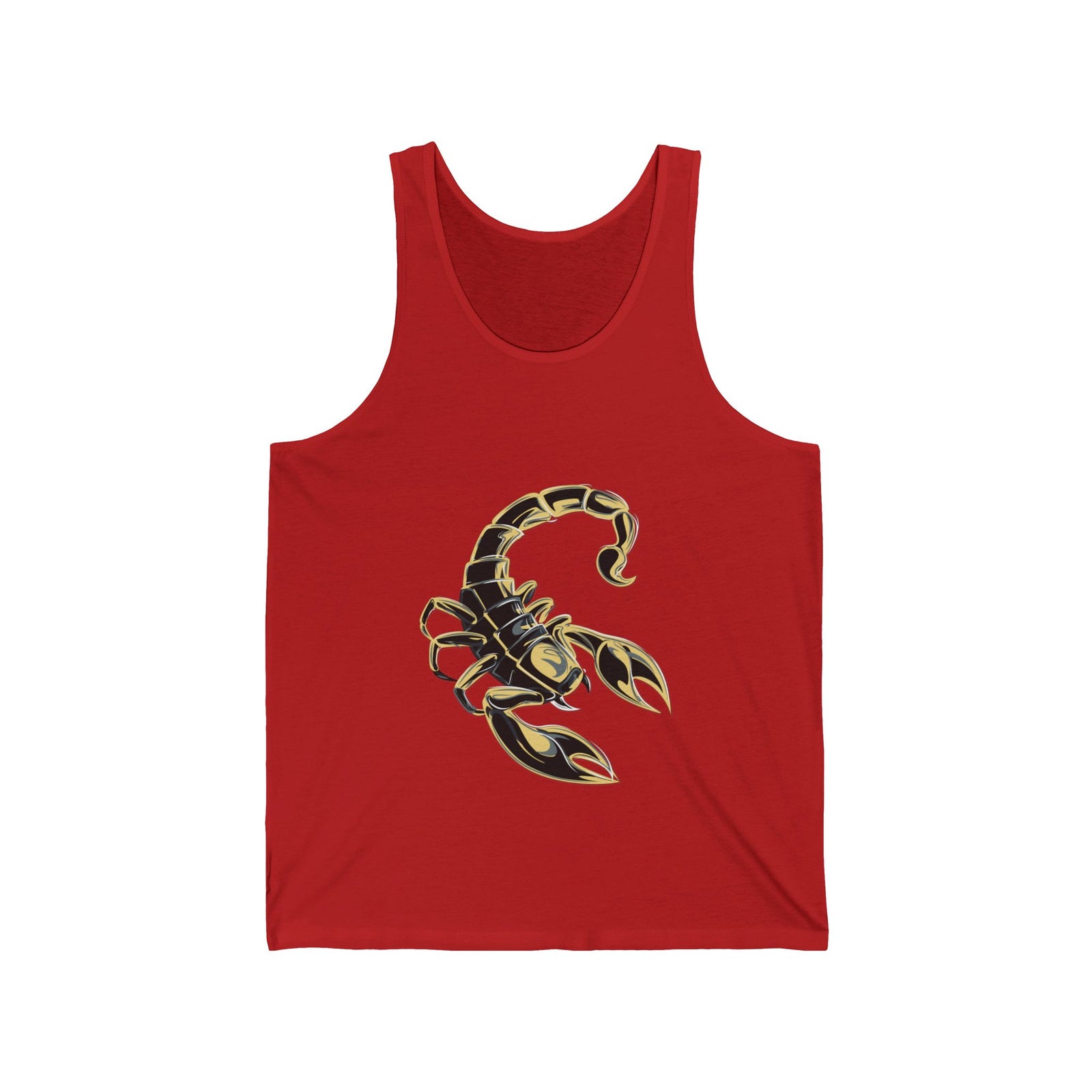 Red tank top with a gold scorpion design with an acrostic poem spelling out Scorpio on a white background