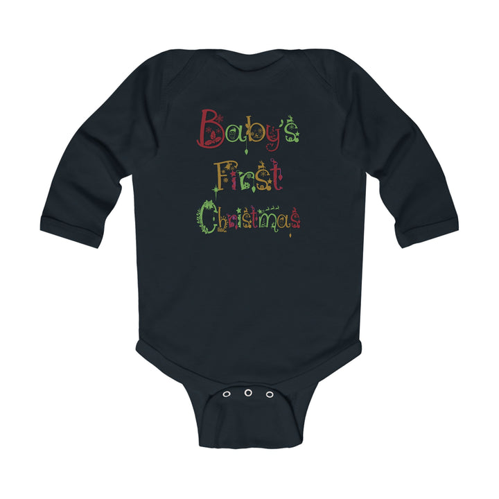 Black baby onesie with 'Baby's First Christmas' text on a white background