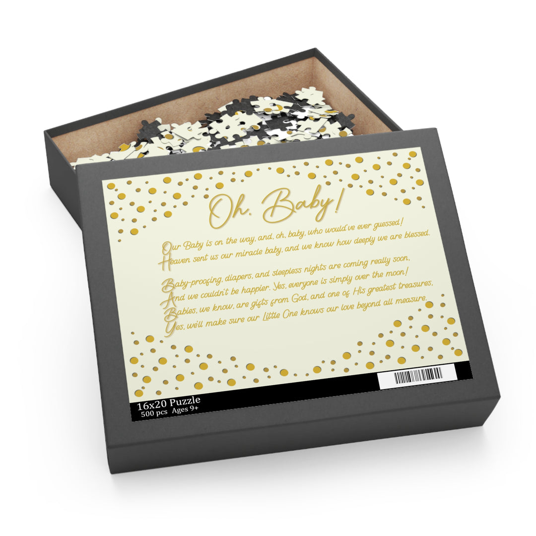 Puzzle box with 'Oh Baby!' text and gold polka dots on a white background