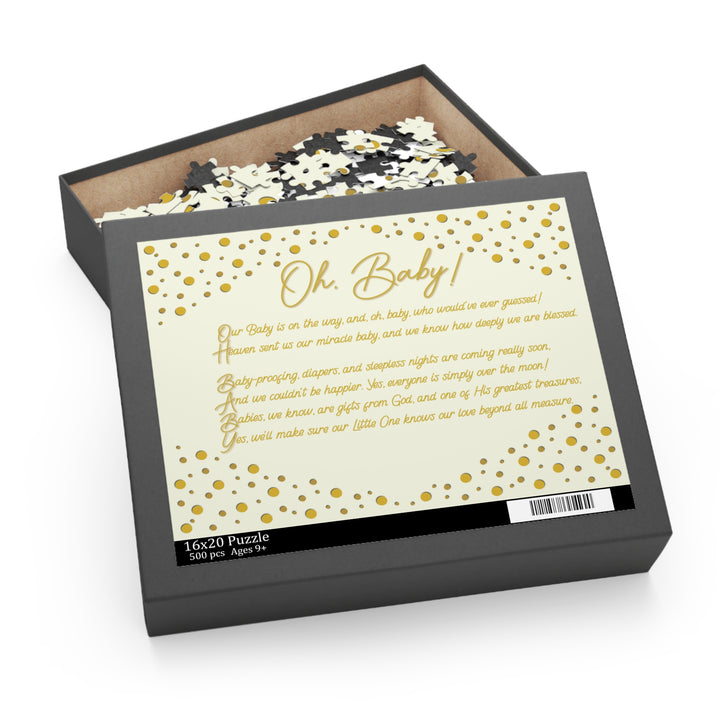 Puzzle box with 'Oh Baby!' text and gold polka dots on a white background