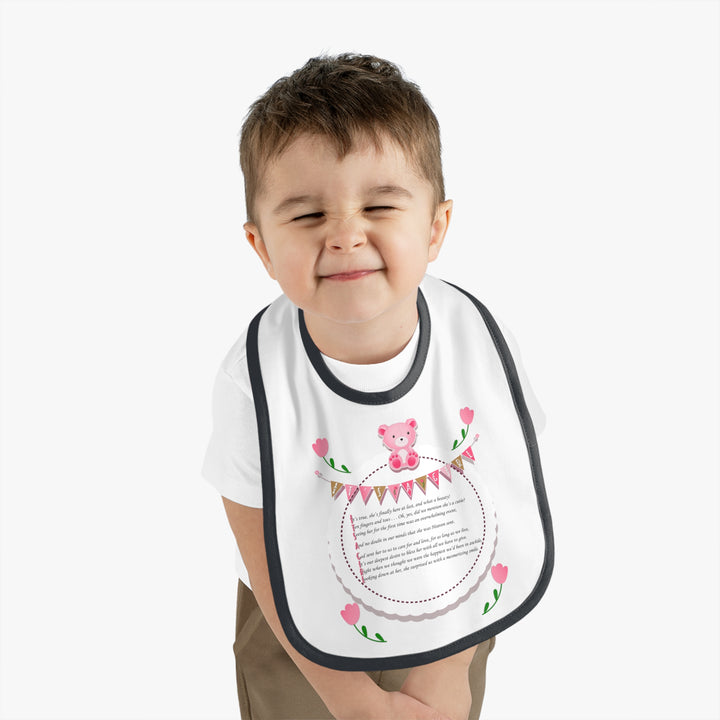 Baby Steps Acrostic Poem - Contrast Trim Jersey Bib - "It's a Girl" - Teddy Bear and Roses